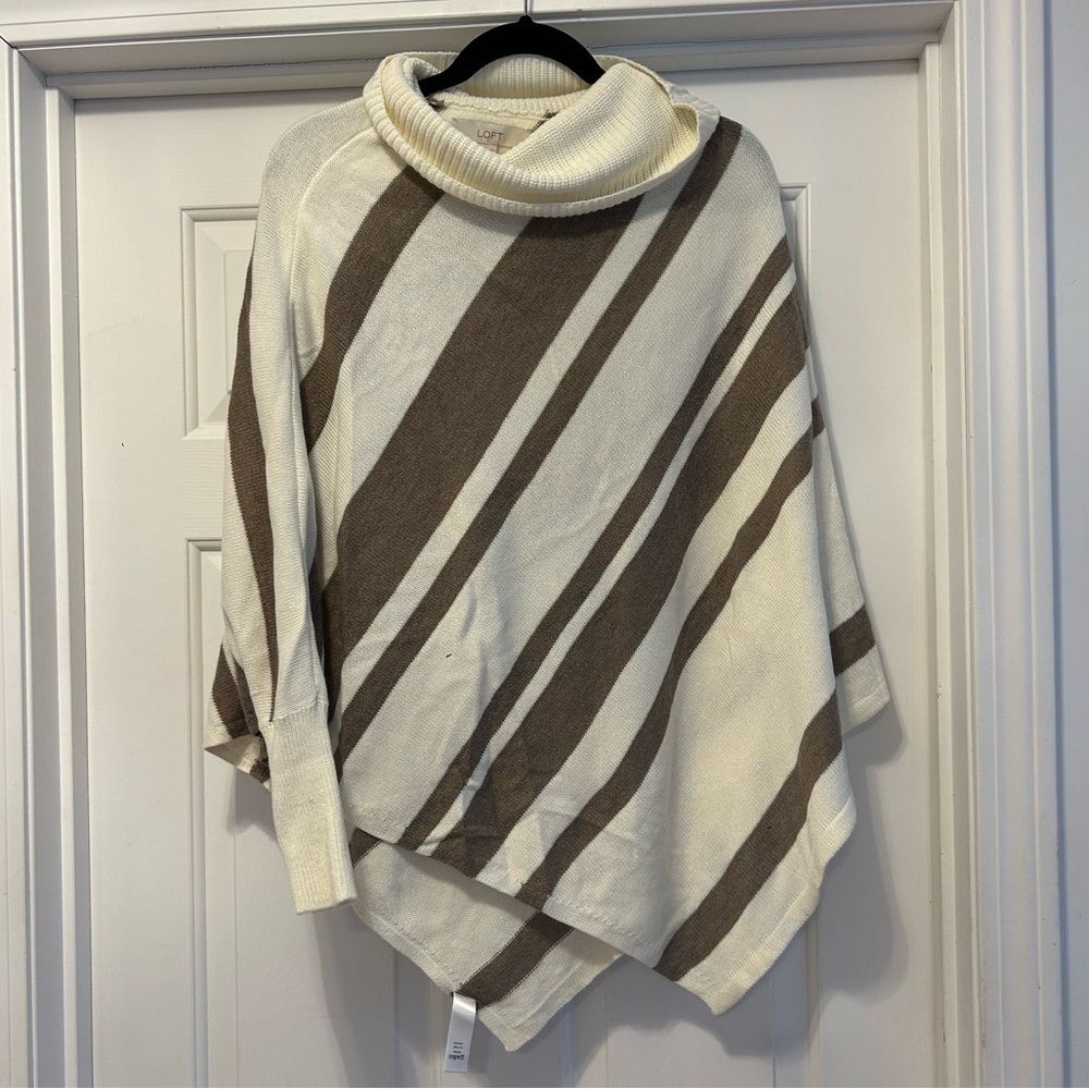 Ann Taylor LOFT Stripe Poncho Sweater Women L Brown Cream Oversize Mohair Blend